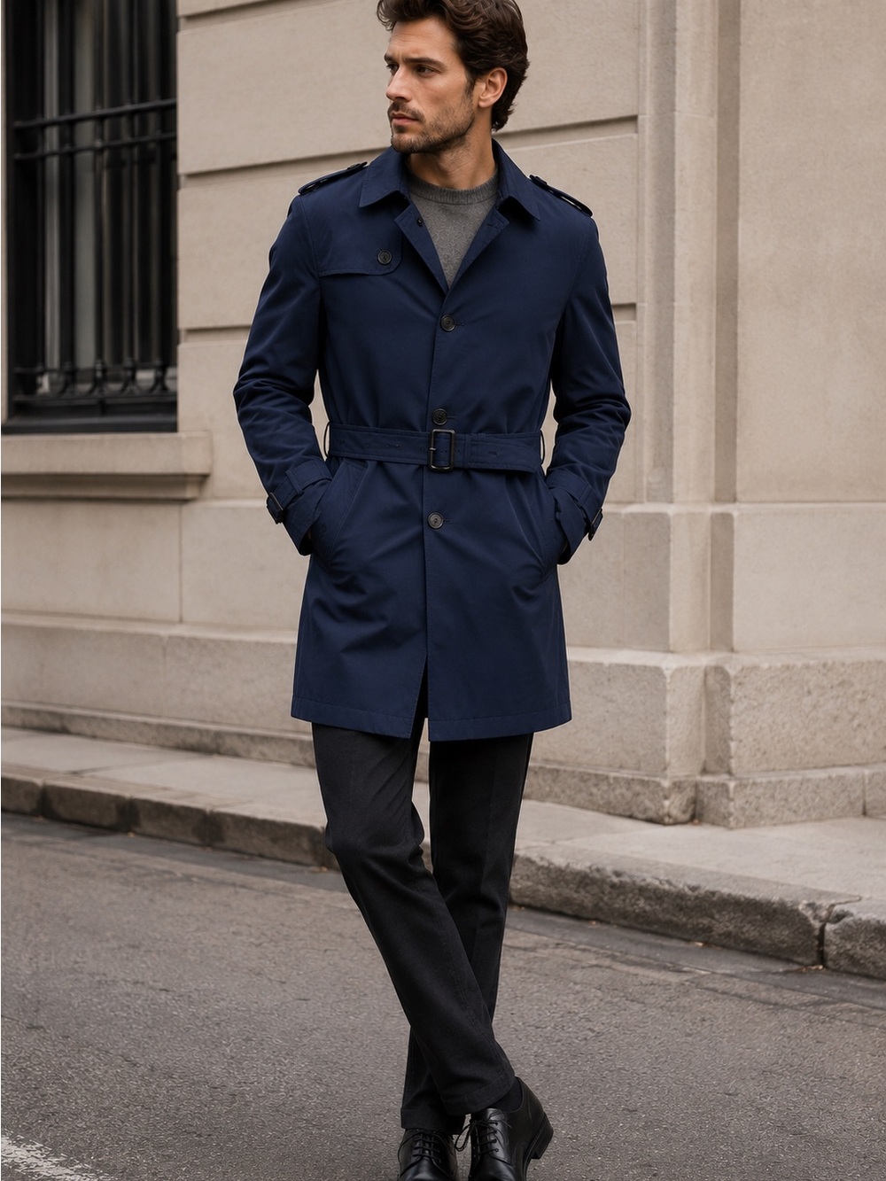 David Naman navy Belted Trench Coat Italy’s military blue Size 48 classic NWT